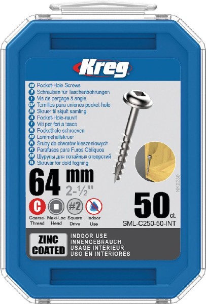 Kreg Pocket-Hole Schrauben 64 mm, Verzinkt, Maxi-Loc, Grobgewinde, 50 Stück - SML-C250-50-INT