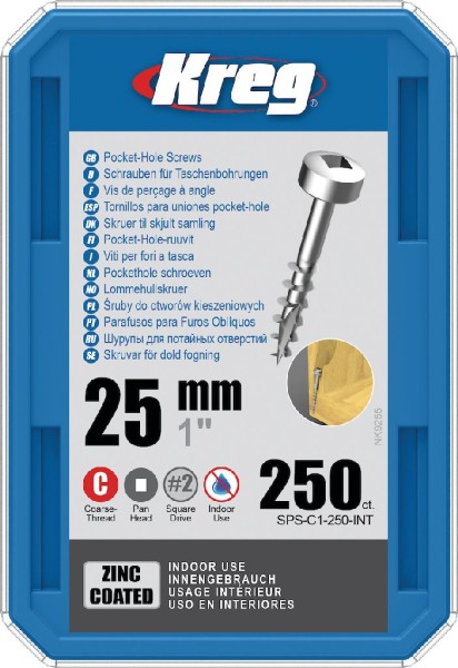 Kreg Pocket-Hole Schrauben 25 mm, Verzinkt, Flachkopf, Grobgewinde, 250 Stück - SPS-C1-250-INT